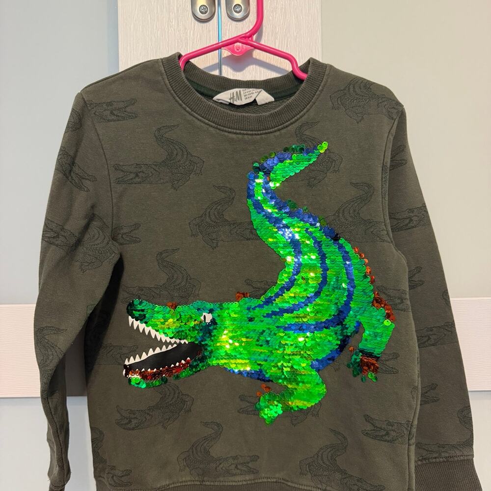 H&M Kids 4-6Y Crocodile Alligator Sequin Sweatshirt Green Crewneck